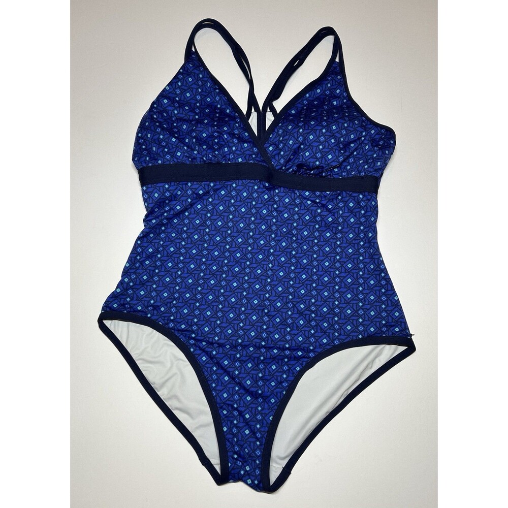 LL Bean Bathing Swim Suit One Piece Size 14 Blue Geometric Racer Back Padded